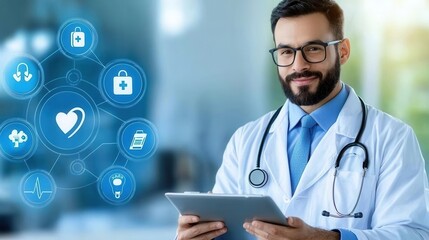 Friendly and knowledgeable medical practitioner in a hospital or clinic setting offering digital healthcare solutions and providing expert care and consultation to patients
