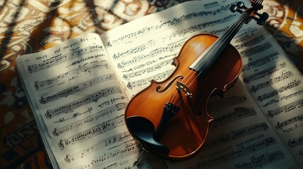 Violin on Sheet Music, Warm Lighting