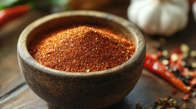 Spicy Chili Powder in Wooden Bowl With Spices
