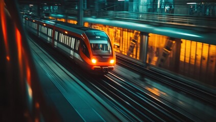 Subway Train Speeding Through a Station at Night