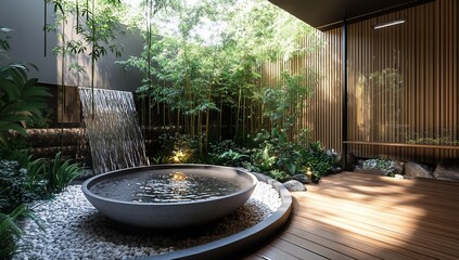 Fototapeta premium Serene courtyard with water feature, bamboo, and wooden deck.