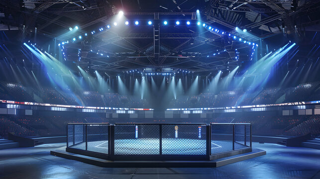 Empty MMA Cage Under Lights in Arena

