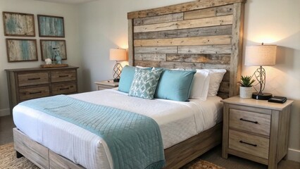 A plush bed dressed in crisp white linens and accentuated with light blue throw pillows invites relaxation. The headboard crafted from reclaimed driftwood adds a rustic charm
