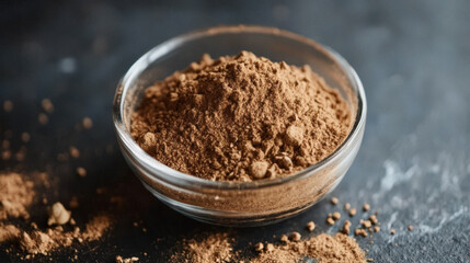 Brown Powder in Glass Bowl on Dark Surface