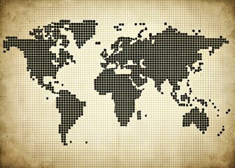 Halftone dotted world map in a classic retro style, a vintage global illustration.