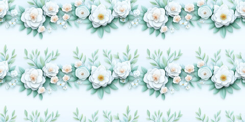 A white flower bouquet with green leaves is displayed on a blue background. The flowers are arranged in a line, with some overlapping and others standing alone. The overall effect is one of elegance