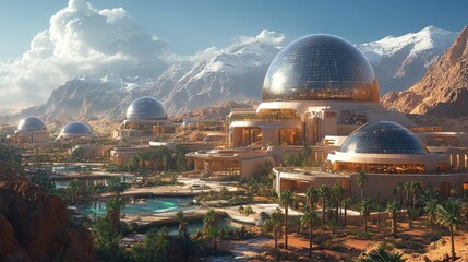 Obraz premium Futuristic desert resort, dome buildings, snow-capped mountains.