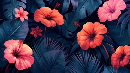 Obraz premium Lush dark teal tropical foliage with vibrant pink and orange hibiscus flowers.