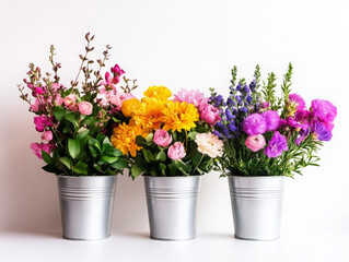 Bright floral arrangements in metal pots create cheerful atmosphere