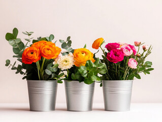 Obraz premium Bright floral arrangements in metal pots create cheerful atmosphere