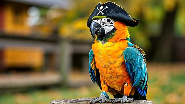 Colorful parrot wearing a pirate hat perched on a stump in a garden during autumn