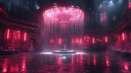 Naklejka premium Pink neon rain, futuristic atrium, wet floor.