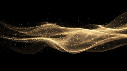 Abstract golden particles flowing in smooth wavy lines on a black background.