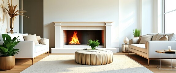 Fototapeta premium Photograph of a modern living room with a large, white, minimalist fireplace in the center. The fireplace has a wooden mantel and a roaring fire with bright flames. The room features a beige, round ot
