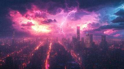 Rainy city night; vibrant pink lightning storm.