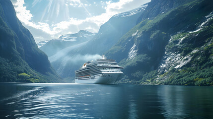 Cruise Ship Sailing Through Geirangerfjord Scenic Norway Landscape

