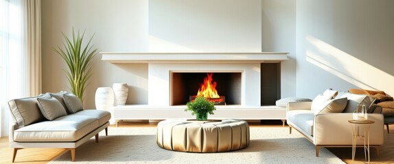 Photograph of a modern living room with a large, white, minimalist fireplace in the center. The fireplace has a wooden mantel and a roaring fire with bright flames. The room features a beige, round ot