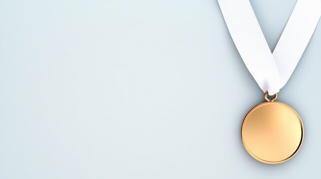 A gold medal with a white ribbon on a light background.
