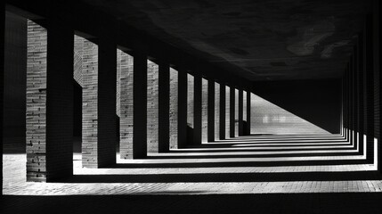 Fototapeta premium Monochromatic perspective of pillars casting shadows, creating a strong geometric pattern.