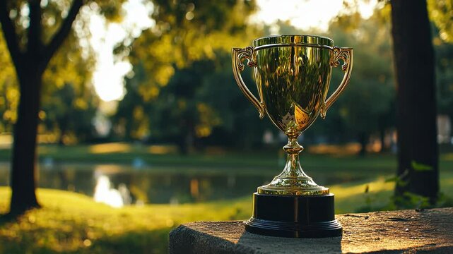 Gold trophy on a stone bench by the lake