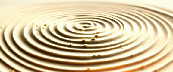 Naklejka premium A close-up photograph of a circular ripple pattern on the surface of water, with concentric circles radiating outward from the center. The water is a light, creamy color, and the lighting is soft and 