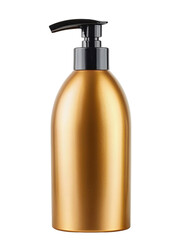 A golden plastic soap dispenser with a black pump sitting against a transparent background