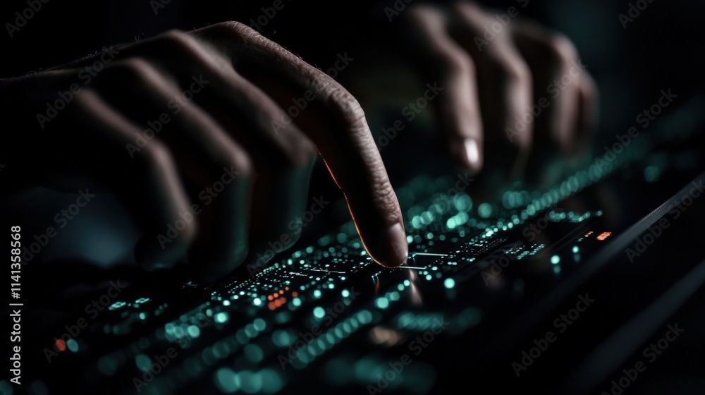 Aufkleber Hands Typing on a Futuristic Keyboard with Glowing Circuit Board, Illuminated by Soft Light in a Dark Environment Showcasing Technology and Innovation