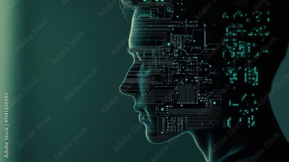 Poster Futuristic portrait of a human profile with digital circuit patterns overlay, symbolizing technology and artificial intelligence in a creative and modern way.