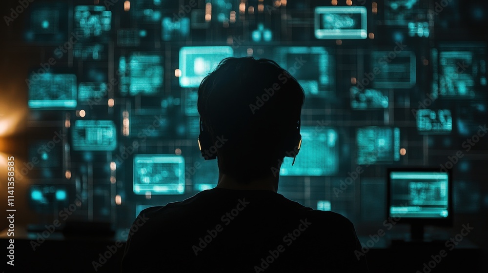 Poster Person with Headphones Analyzing Data on Multiple Screens in a Dark Room Filled with High-Tech Interface and Visualizations in Blue and Green Tones