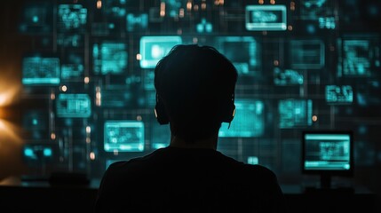 Person with Headphones Analyzing Data on Multiple Screens in a Dark Room Filled with High-Tech Interface and Visualizations in Blue and Green Tones