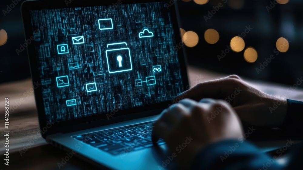 Poster Digital Security Concept with Laptop Displaying Encrypted Data and Lock Symbol, Highlighting Cyber Protection and Privacy Measures in Modern Technology