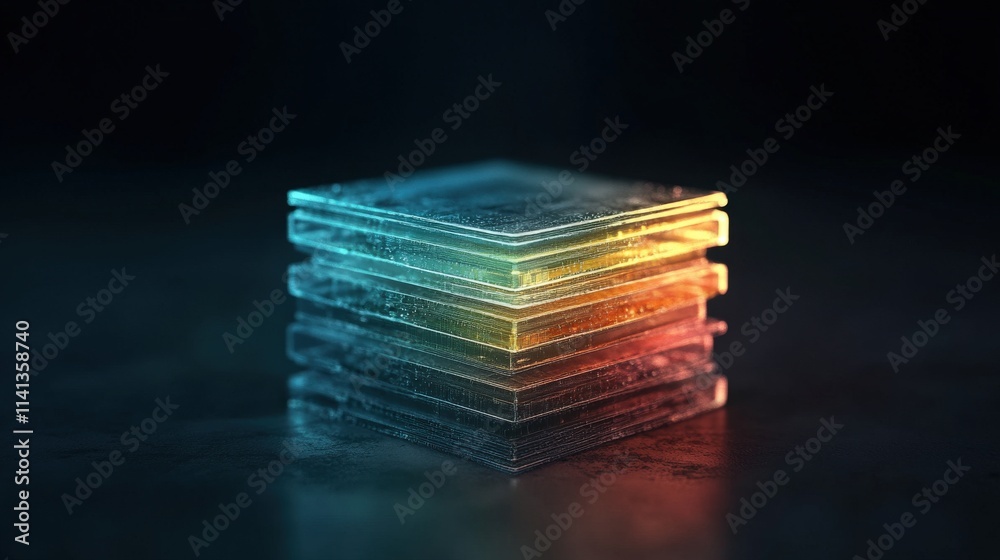 Poster Glowing Transparent Layers Stacked On Dark Surface Creating A Futuristic Aesthetic With Colorful Reflections And Light Effects