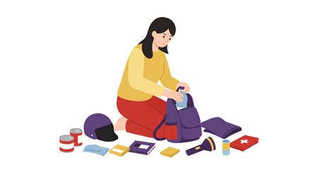 防災用品を準備する女性、イラスト素材