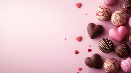 Delightful chocolate bonbons in various shapes and colors on pink background