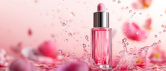 hyper detailed minimal rendering of skincare serum bottle with pink liquid, surrounded by rose