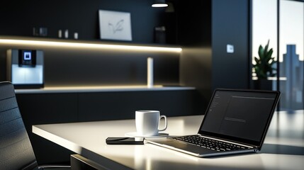 Modern Office Workspace: Laptop, Coffee, and Minimalist Design