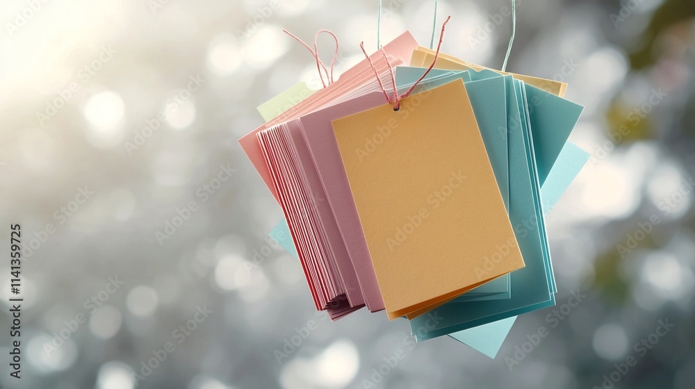 Poster A set of index cards in various soft pastel colors gently suspended in midair against a simple soft gray background creating a minimalist abstract and visually intriguing composition
