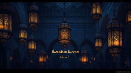 Illuminated lanterns hang in a dark, ornate archway, announcing Ramadan Kareem.
