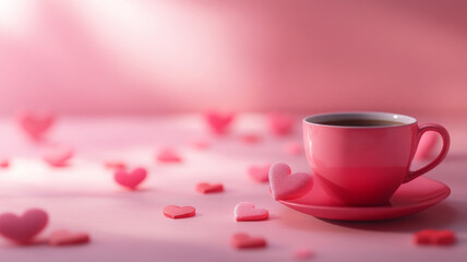 pink coffee cup with saucer surrounded by heart shaped candies creates romantic atmosphere