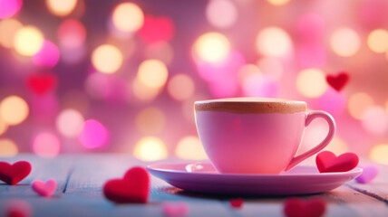 pink coffee cup and saucer surrounded by heart shapes and bokeh lights