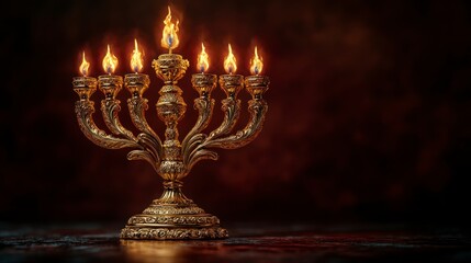 Fototapeta premium Burgundy Elegance gold menorah with delicate engravings, set against a rich burgundy background, leaving ample room for personalized messages.
