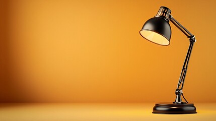 Sleek and modern black desk lamp mysteriously floating mid air casting a soft radiant glow against a serene neutral gradient backdrop  This minimalist contemporary lighting fixture creates a calming