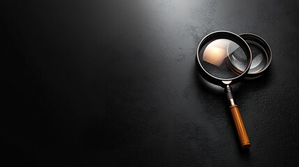 Polished magnifying glass suspended mid air its reflective catching light against a deep charcoal gray gradient background