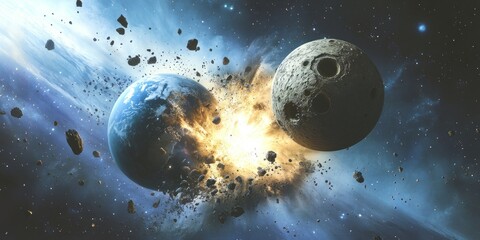 Naklejka premium Cosmic Collision: A Dramatic Celestial Impact