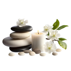 Spa essentials with stones- candle- and flowers on white