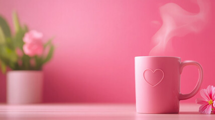 pink coffee mug with steam, heart design, and flowers in background
