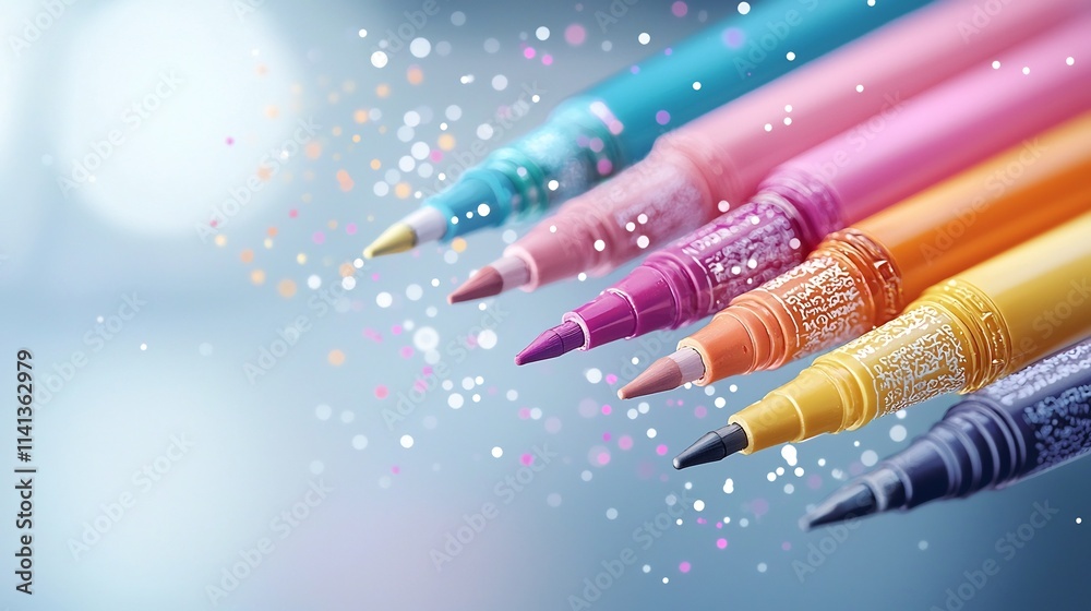 Poster a set of colorful art markers in a floating motion creating vibrant streaks against a soft white gra