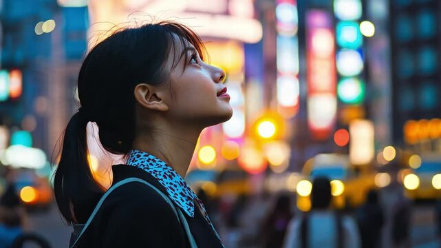 Asian horse woman looking up at the sky The sky is filled with bright lights and neon signs.