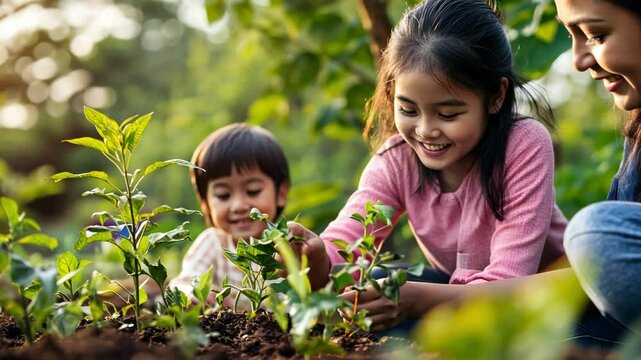Asian mother and child planting a garden together The woman held the small child's hand as they dug in the dirt. The scene is happy and playful like a girl.