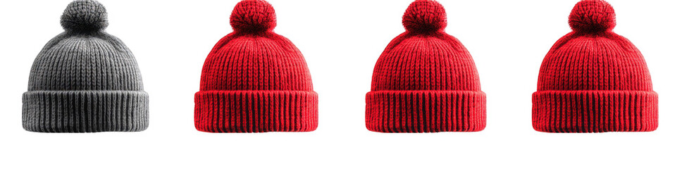 four knitted wool beanies. two red and two gray. with pom-poms on top. isolated on transparent background